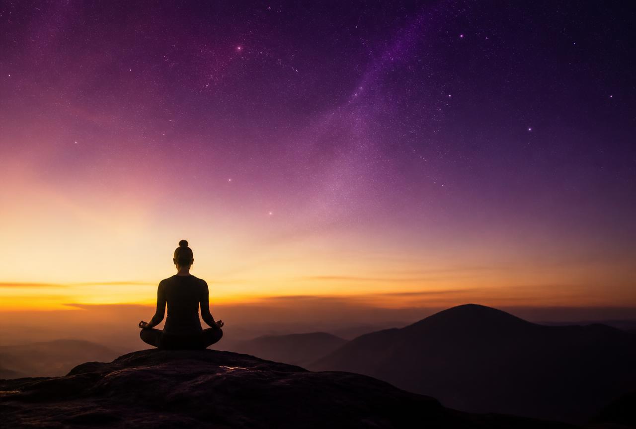 Pessoa meditando ao amanhecer sob um céu estrelado